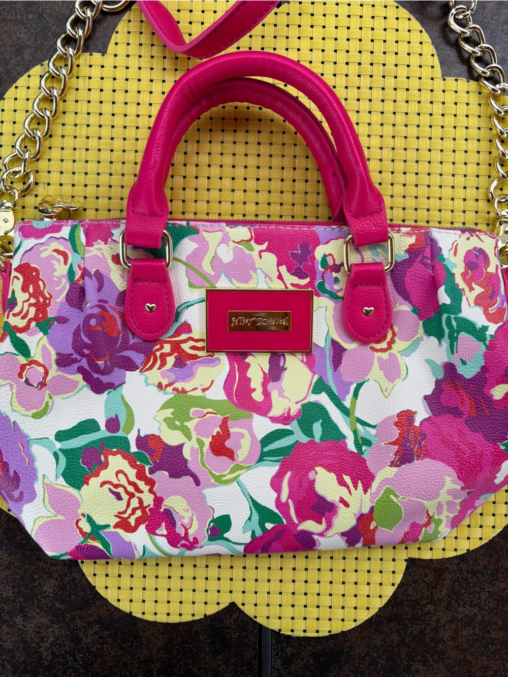 Betsey Johnson Hot Pink Floral Satchel with Gold Chain - Picture 3 of 12
